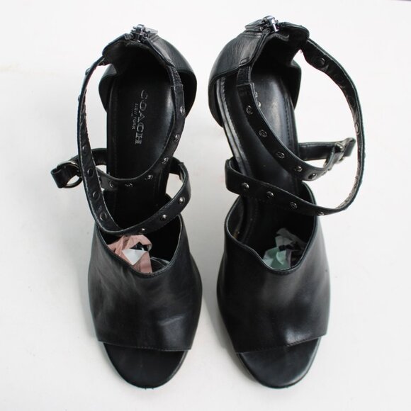 Coach Black Rhonda Open-Toe Leather Studded Straps Stacked Heels Pumps Size 9 - Picture 4 of 10